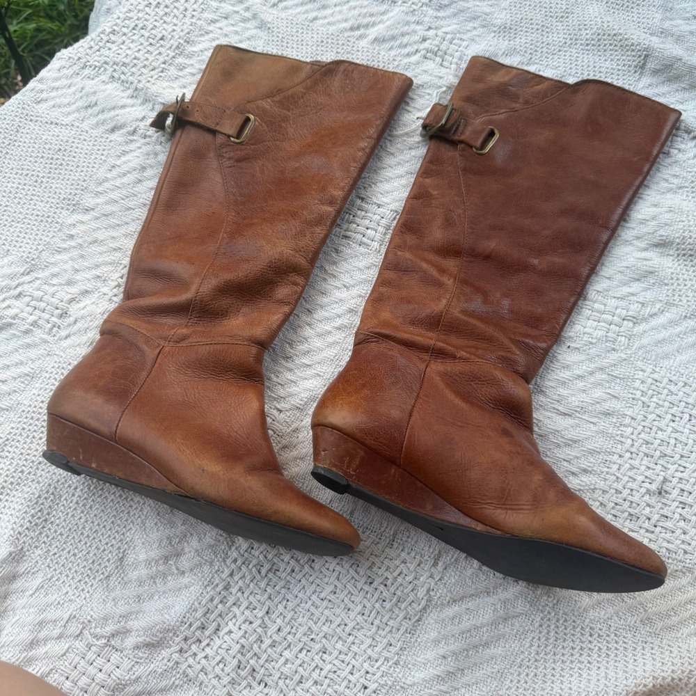 Steven by Steve Madden Iden Brown Leather Wedge Tall Boots Y2K Made in Brazil 7M